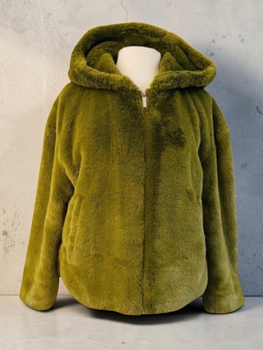 ZARA Faux Fur Zip Front Hooded Green Jacket Size Small